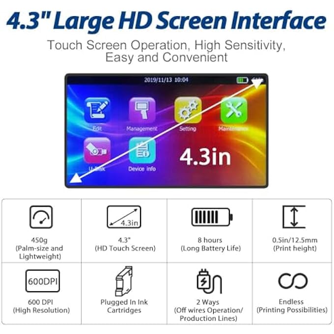 Bentsai BT-HH6105B2 HANDHELD INKJET PRINTER WITH HD LED TOUCH SCREEN FOR LOGO BARCODE LABEL SERIES NUMBER PRODUCTION DATE (BLUE, 4.3IN) - Image 3