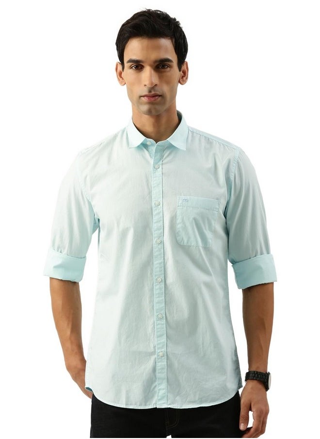 Peter England Peter England Men's Slim Fit Full Sleeve Cotton Solid Casual Shirt with Pocket Aqua  - Image 1