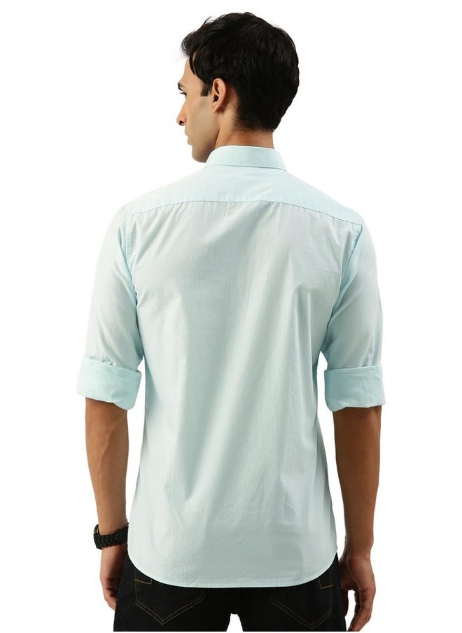 Peter England Peter England Men's Slim Fit Full Sleeve Cotton Solid Casual Shirt with Pocket Aqua  - Image 2