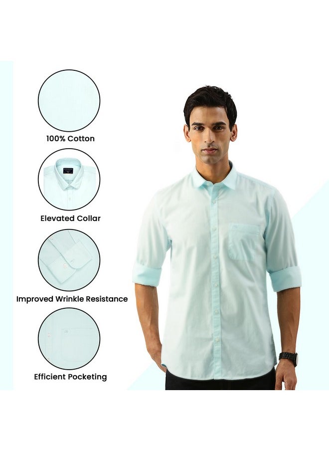 Peter England Peter England Men's Slim Fit Full Sleeve Cotton Solid Casual Shirt with Pocket Aqua  - Image 3