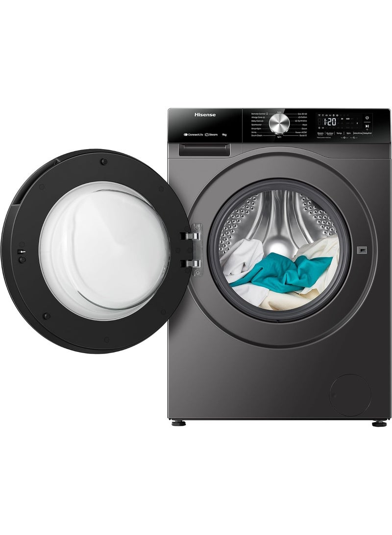 هايسنس Hisense WF3M9042DB – 9kg Front Load Washing Machine with a 1400 RPM spin speed, Inverter Motor, Steam Wash, Quick Wash, Drum Clean, and A-rated energy efficiency for powerful, efficient, and gentle laundry care. 9 kg 1800 W WF3M9042DB TITANIUM - Image 3