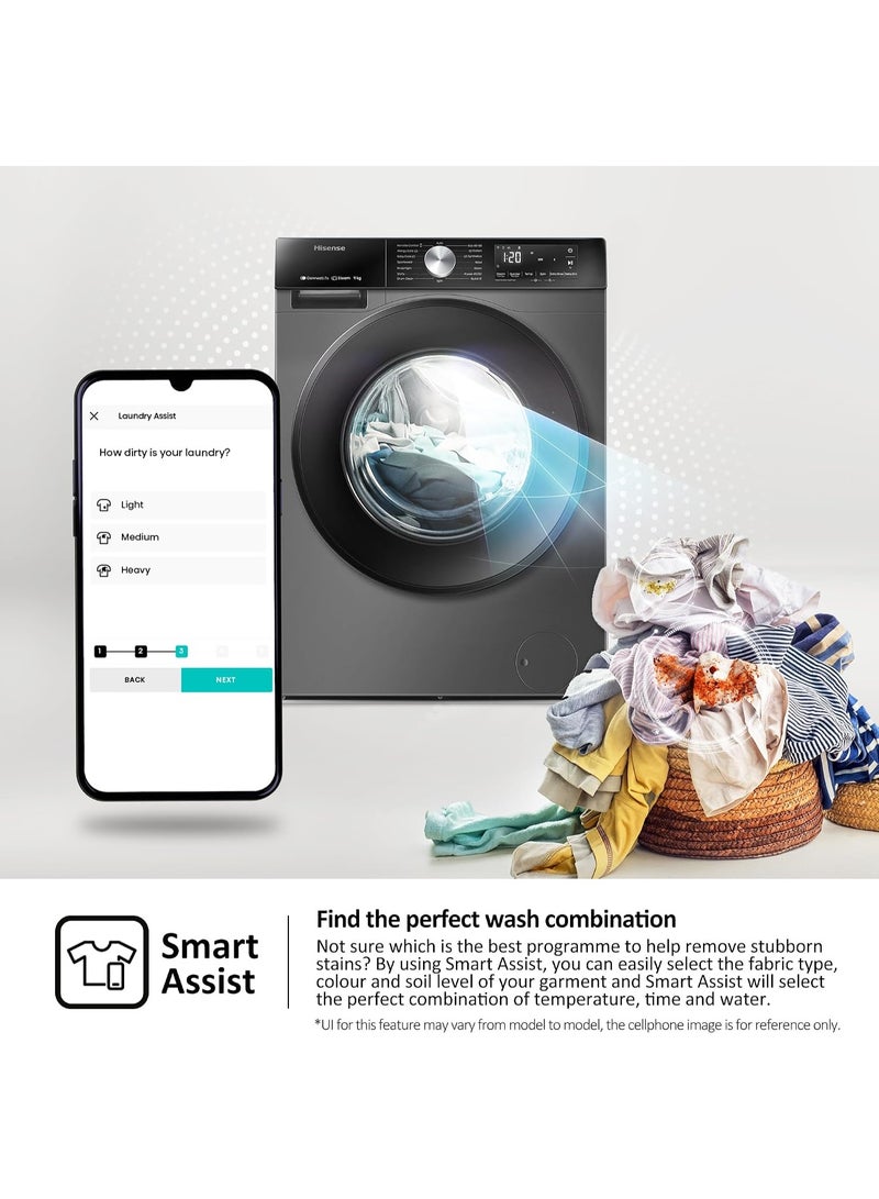 هايسنس Hisense WF3M9042DB – 9kg Front Load Washing Machine with a 1400 RPM spin speed, Inverter Motor, Steam Wash, Quick Wash, Drum Clean, and A-rated energy efficiency for powerful, efficient, and gentle laundry care. 9 kg 1800 W WF3M9042DB TITANIUM - Image 1