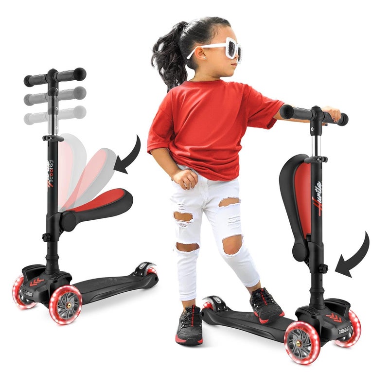 Hurtle Kids Scooter - Child Toddler Kick Scooter Toy with Foldable Seat - 3 Wheel Scooter with Adjustable Height, Anti-Slip Deck, Flashing Wheel Lights, for Boys/Girls 1-12 Year Old, Black - Image 1