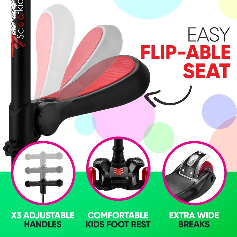 Hurtle Kids Scooter - Child Toddler Kick Scooter Toy with Foldable Seat - 3 Wheel Scooter with Adjustable Height, Anti-Slip Deck, Flashing Wheel Lights, for Boys/Girls 1-12 Year Old, Black - Image 5