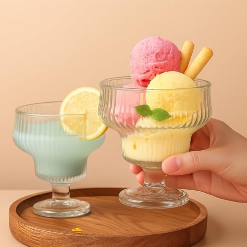 ZAVOOS Set of 6 Glass Ice Cream Bowls, 10 Oz Vintage Heavy Base Footed Dessert Cup Set, Stripes Clear Embossed Glass Serving Bowls for Sundae, Ice Cream, Fruit, Parfait - Image 4