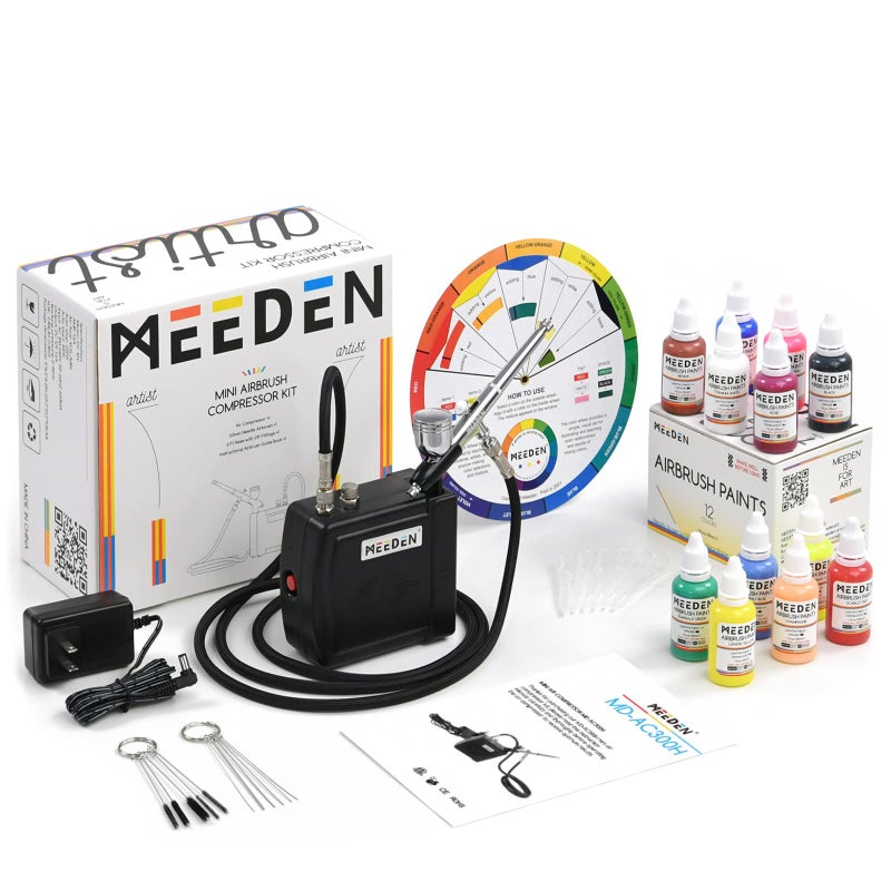 MEEDEN Airbrush Kit with Air Compressor 12 Colors Acrylic Paint Dual Action Air Brush Spray Gun with 05mm Nozzle  Cleaning Set  Ideal for Painting Nails Art Model Making  DIY  Black