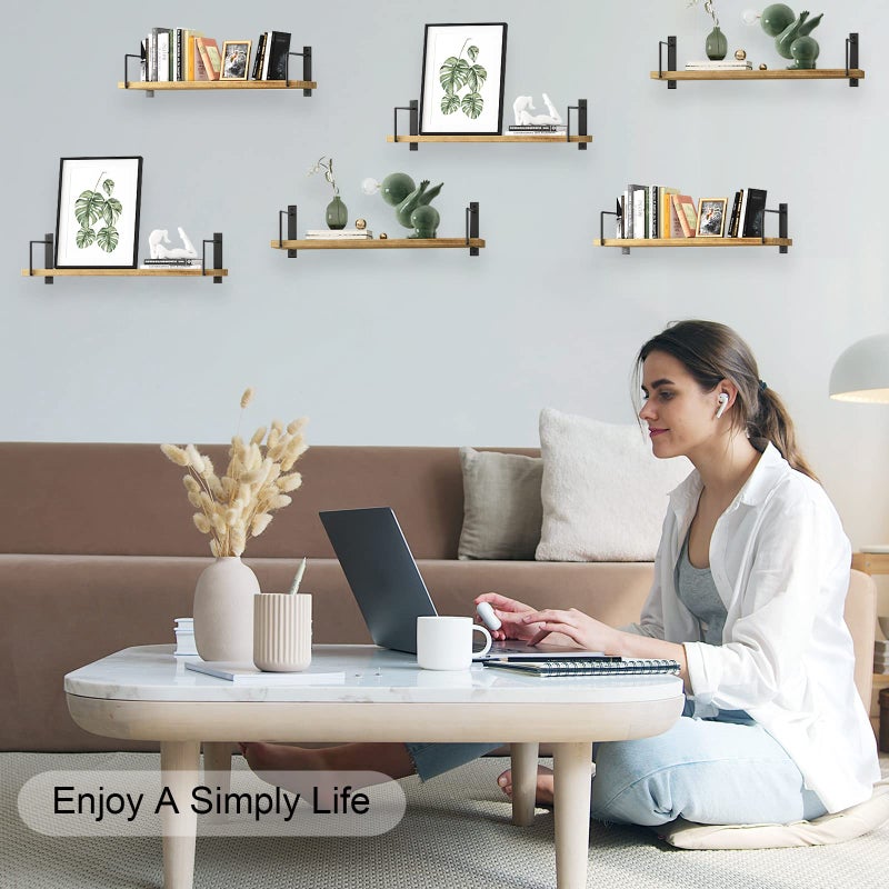 EALLRINEC Floating Shelves, 24 Inches, Easy to Install, Wall Mounted, Set of 3, Rustic Wood for DÃ©cor, Storage for Living Room, Bathroom, Bedroom - Image 2