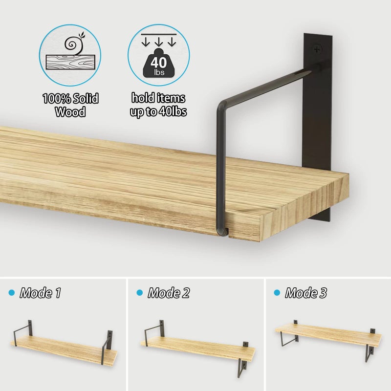 EALLRINEC Floating Shelves, 24 Inches, Easy to Install, Wall Mounted, Set of 3, Rustic Wood for DÃ©cor, Storage for Living Room, Bathroom, Bedroom - Image 5