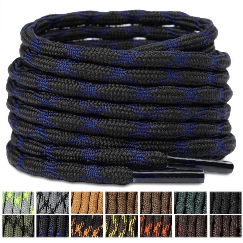 Stepace Wave Round Boot Shoelaces [2 Pairs] Non Sliping Heavy Duty Laces for Work Boots Hiking Boot Shoes (Blue Black, 55 IN) - Image 1
