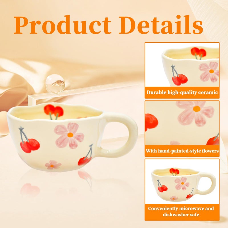 Peclek 8.5 oz Elegant Floral Ceramic Mug Coffee Cup with Flower Decorations, 250ml Spring Drinkware for Valentine's Day, Christmas, Mother's Day, Birthday Gifts for Her, Girlfriend, Mom (Cherry) - Image 3