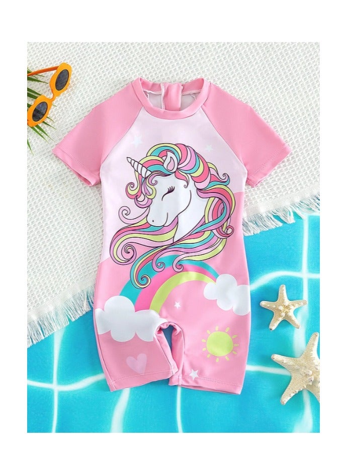 بونكا ملابس سباحة قطعة واحدة طباعة وحيد القرن متباين اكمام  للبنات الصغار - Image 1