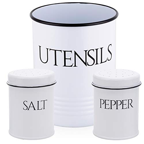 OUTSHINE Large Kitchen Utensil Holder and Farmhouse Decor with Matching Salt and Pepper Shakers White Chic Vintage Cooking Utensils Holder Ideal Gift For Women Wife Mom Girlfriend - Image 1