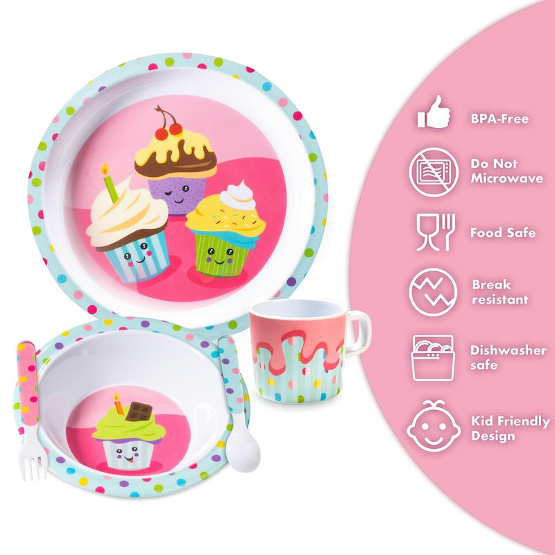 Bentology 5 Pc Mealtime Feeding Set for Kids and Toddlers - Cupcake - Includes Plate, Bowl, Cup, Fork and Spoon Utensil Flatware - Durable, Dishwasher Safe, BPA Free - Image 4