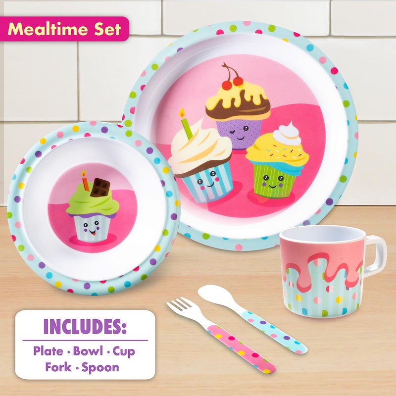 Bentology 5 Pc Mealtime Feeding Set for Kids and Toddlers - Cupcake - Includes Plate, Bowl, Cup, Fork and Spoon Utensil Flatware - Durable, Dishwasher Safe, BPA Free - Image 2