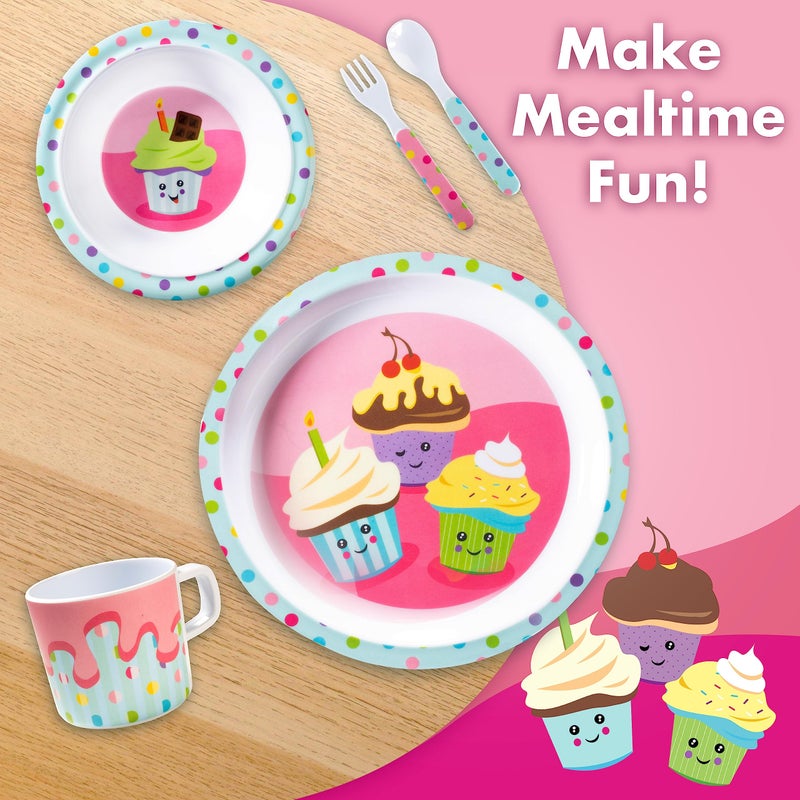 Bentology 5 Pc Mealtime Feeding Set for Kids and Toddlers - Cupcake - Includes Plate, Bowl, Cup, Fork and Spoon Utensil Flatware - Durable, Dishwasher Safe, BPA Free - Image 5