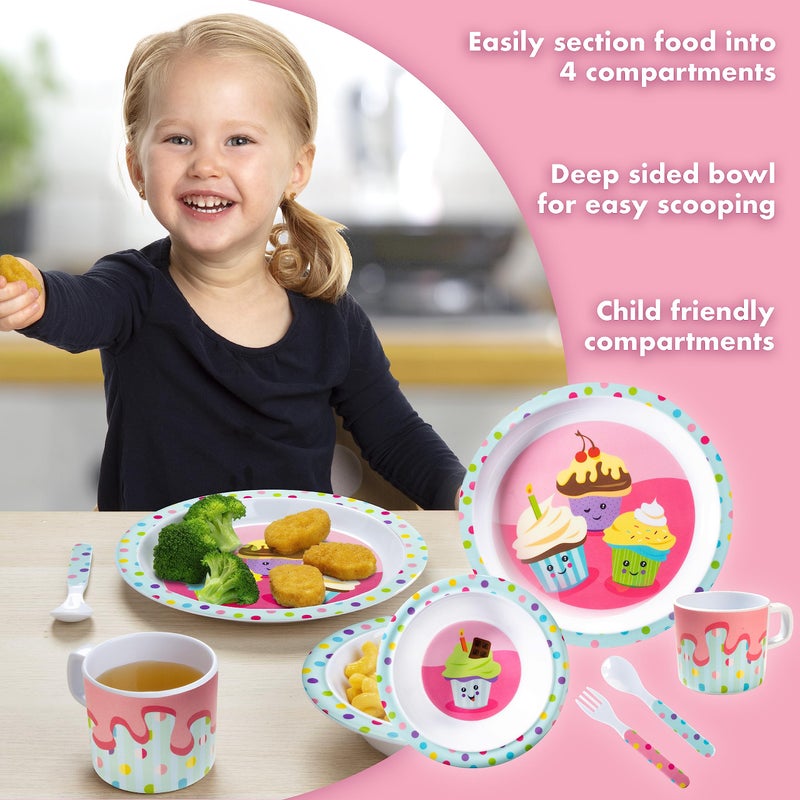 Bentology 5 Pc Mealtime Feeding Set for Kids and Toddlers - Cupcake - Includes Plate, Bowl, Cup, Fork and Spoon Utensil Flatware - Durable, Dishwasher Safe, BPA Free - Image 3