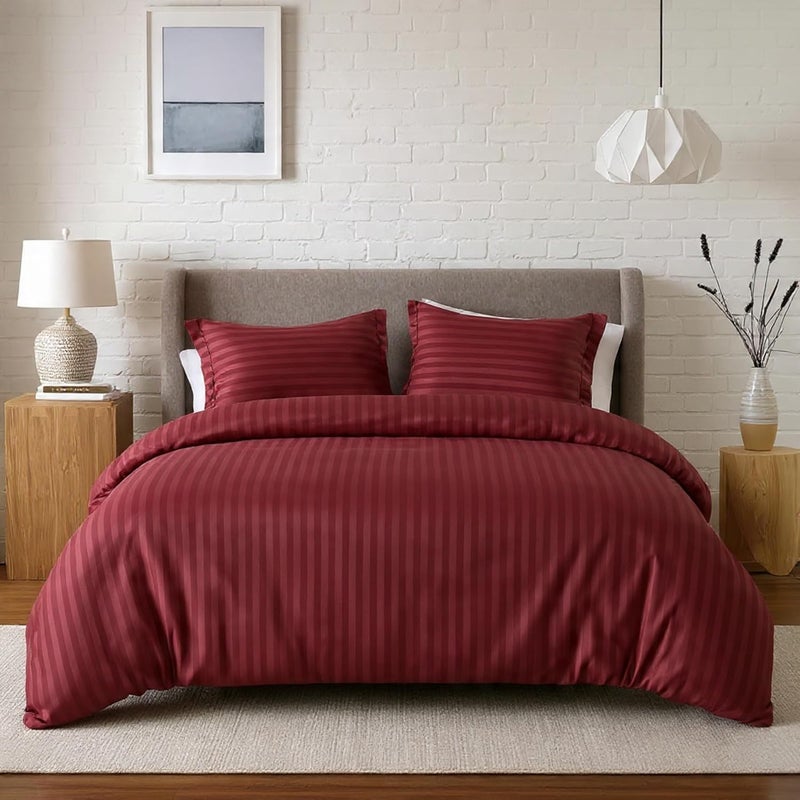 OSBED® Stripe 3 Piece Duvet Cover Set - Burgundy Queen Size - Image 1