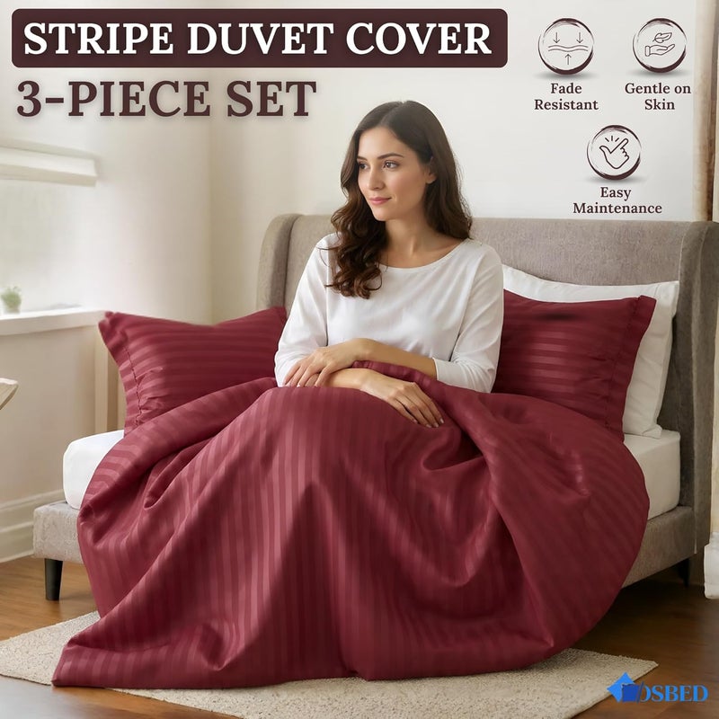 OSBED® Stripe 3 Piece Duvet Cover Set - Burgundy Queen Size - Image 3