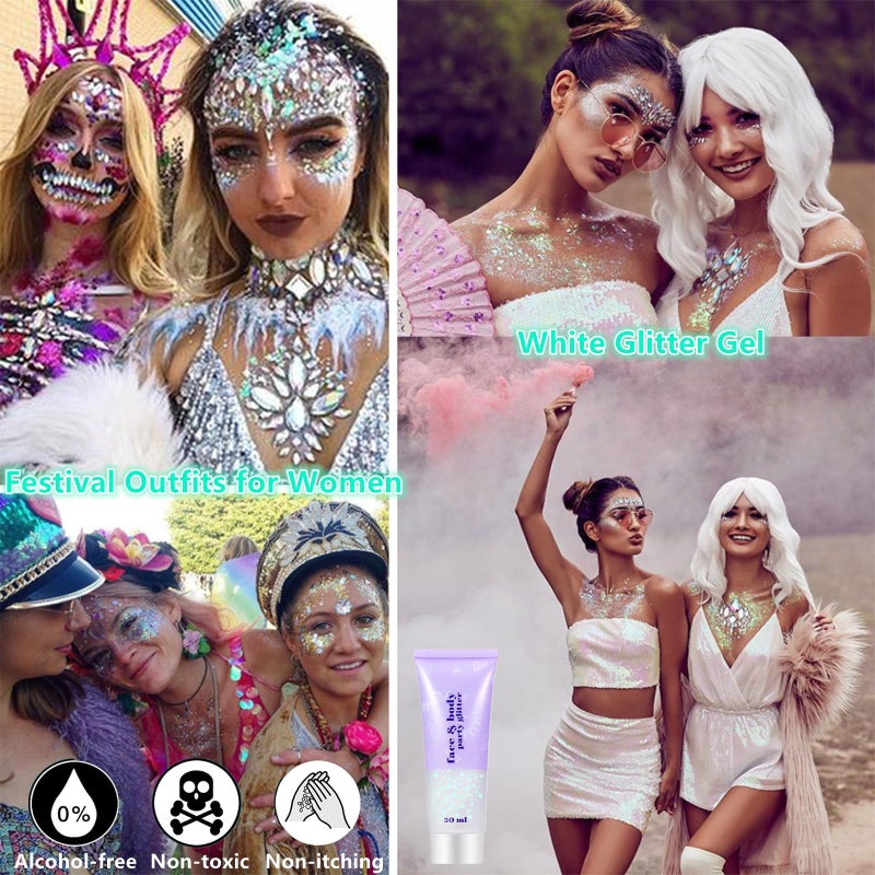 Go Ho Clear White Face Body Glitter - Party Flash Festival Rave Outfits for Women&Kids,Holographic Glitter White Face Paint,Halloween Mermaid Fairy Makeup Chunky Sequins Gel,Rave Pride Accessories - Image 2