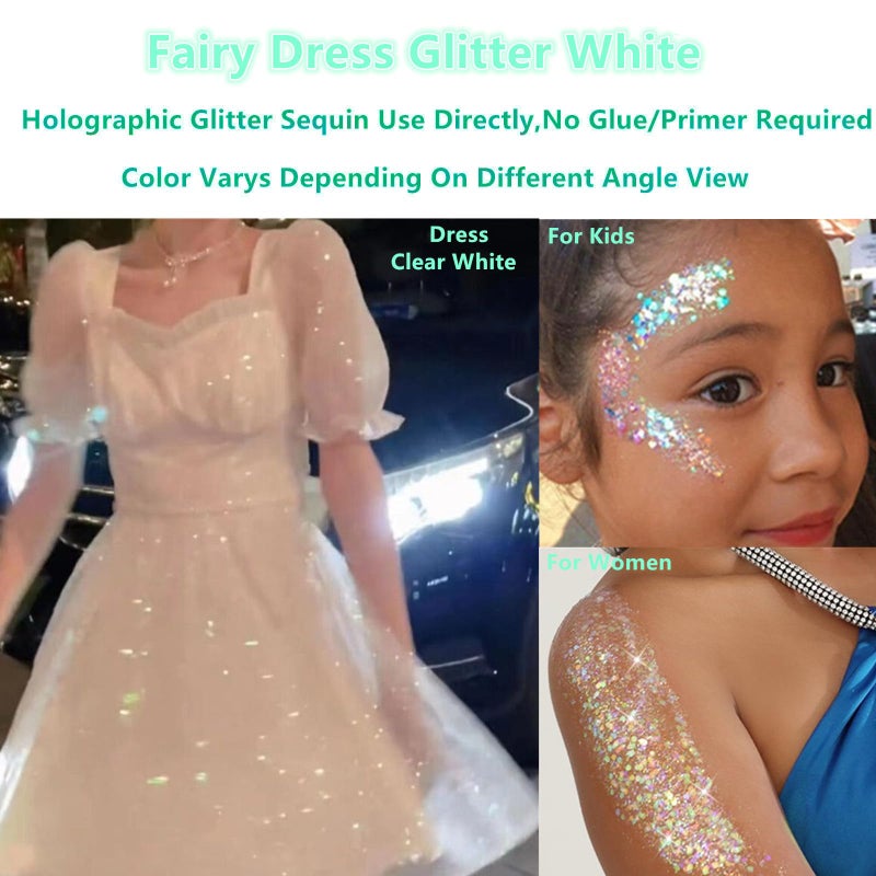 Go Ho Clear White Face Body Glitter - Party Flash Festival Rave Outfits for Women&Kids,Holographic Glitter White Face Paint,Halloween Mermaid Fairy Makeup Chunky Sequins Gel,Rave Pride Accessories - Image 5