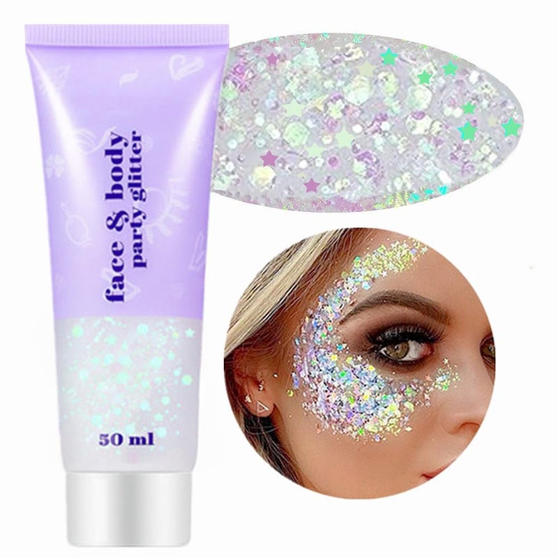 Go Ho Clear White Face Body Glitter - Party Flash Festival Rave Outfits for Women&Kids,Holographic Glitter White Face Paint,Halloween Mermaid Fairy Makeup Chunky Sequins Gel,Rave Pride Accessories - Image 1