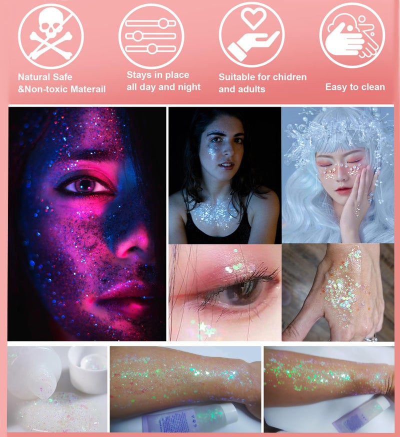 Go Ho Clear White Face Body Glitter - Party Flash Festival Rave Outfits for Women&Kids,Holographic Glitter White Face Paint,Halloween Mermaid Fairy Makeup Chunky Sequins Gel,Rave Pride Accessories - Image 3