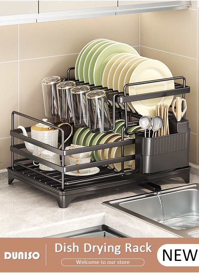 DUNISO 2-Tier Dish Drying Rack, Space Saving Dish Drying Stand for Kitchen Counter, Stainless Steel Dish Drainer with Cups Holder for Dishes, Knives, Spoons, Forks  - Image 1