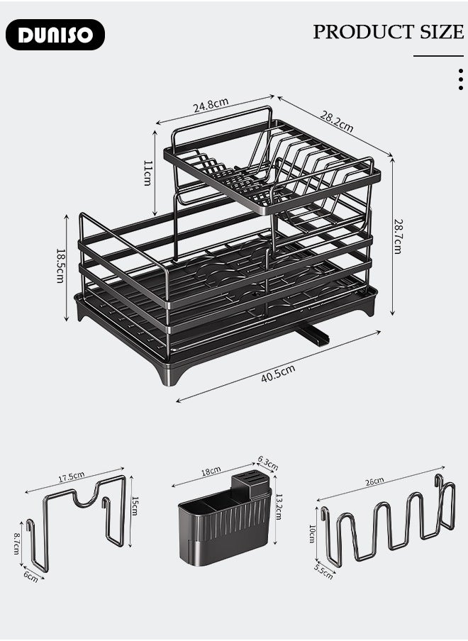 DUNISO 2-Tier Dish Drying Rack, Space Saving Dish Drying Stand for Kitchen Counter, Stainless Steel Dish Drainer with Cups Holder for Dishes, Knives, Spoons, Forks  - Image 4