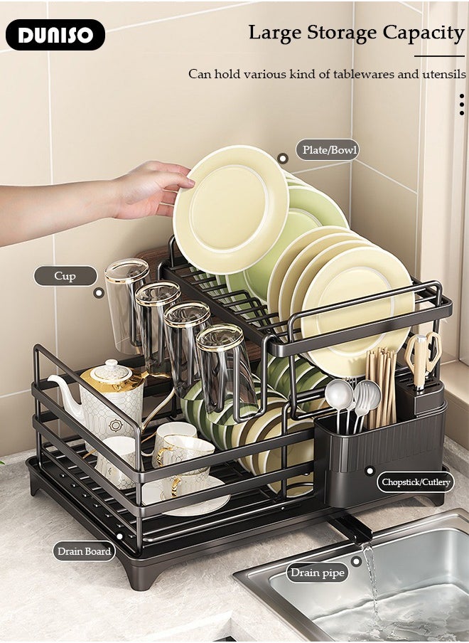 DUNISO 2-Tier Dish Drying Rack, Space Saving Dish Drying Stand for Kitchen Counter, Stainless Steel Dish Drainer with Cups Holder for Dishes, Knives, Spoons, Forks  - Image 3
