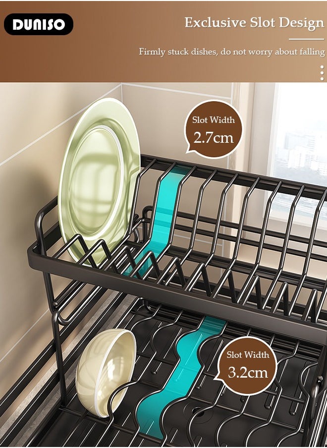 DUNISO 2-Tier Dish Drying Rack, Space Saving Dish Drying Stand for Kitchen Counter, Stainless Steel Dish Drainer with Cups Holder for Dishes, Knives, Spoons, Forks  - Image 5
