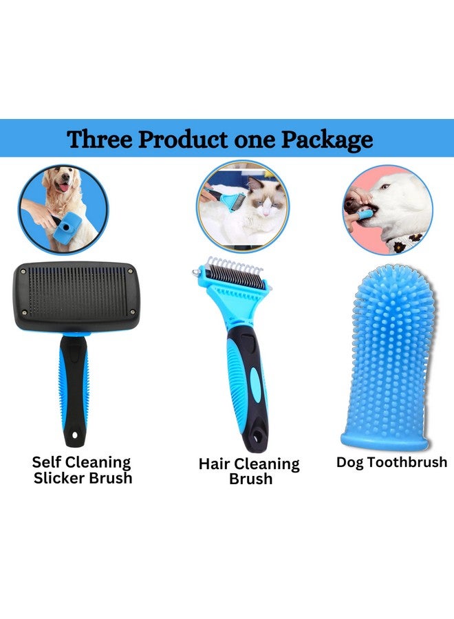 3-in-1 Pet Grooming Set - Self-Cleaning Slicker Brush, Deshedding Rake Comb, and Finger Toothbrush for Dogs & Cats | Perfect for Grooming, Dematting, and Dental Care (blue) - Image 2