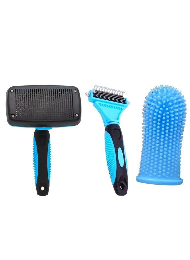 3-in-1 Pet Grooming Set - Self-Cleaning Slicker Brush, Deshedding Rake Comb, and Finger Toothbrush for Dogs & Cats | Perfect for Grooming, Dematting, and Dental Care (blue) - Image 1