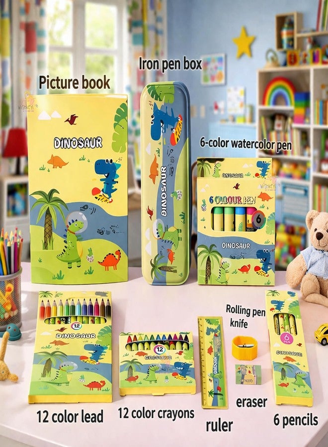 WISHKEY 41 Pieces Dinosaur Theme All-in-One Stationery Set Stationery Items with Pencil Box Notebook Scale Eraser Sharpener Crayons Color Pencils Color Pens Pencils Return Gift for Birthday Kids 6+ - Image 5