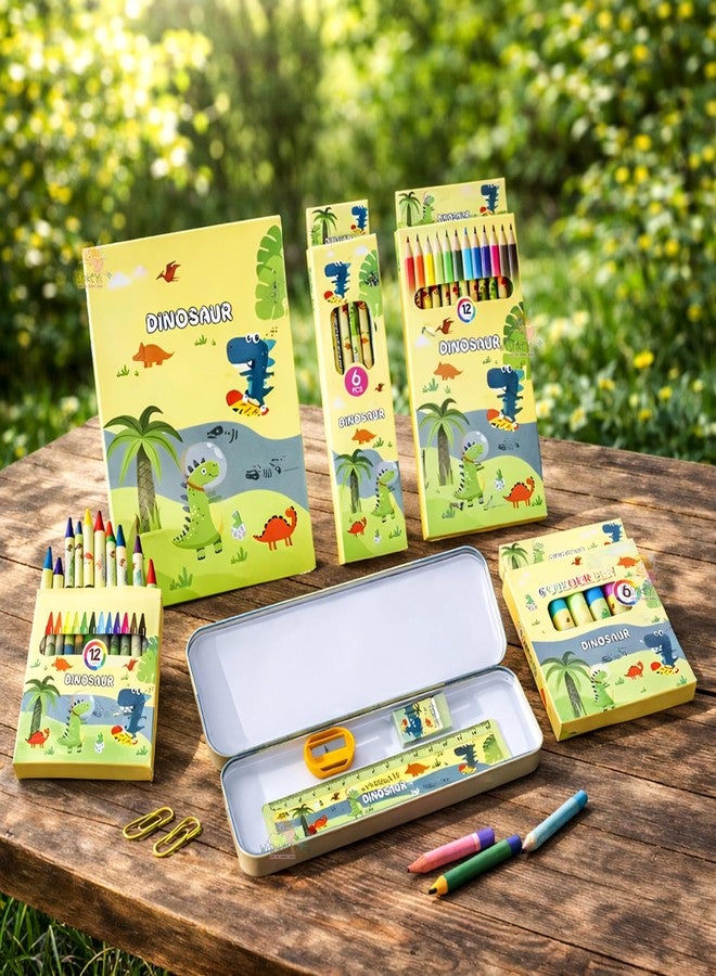 WISHKEY 41 Pieces Dinosaur Theme All-in-One Stationery Set Stationery Items with Pencil Box Notebook Scale Eraser Sharpener Crayons Color Pencils Color Pens Pencils Return Gift for Birthday Kids 6+ - Image 3