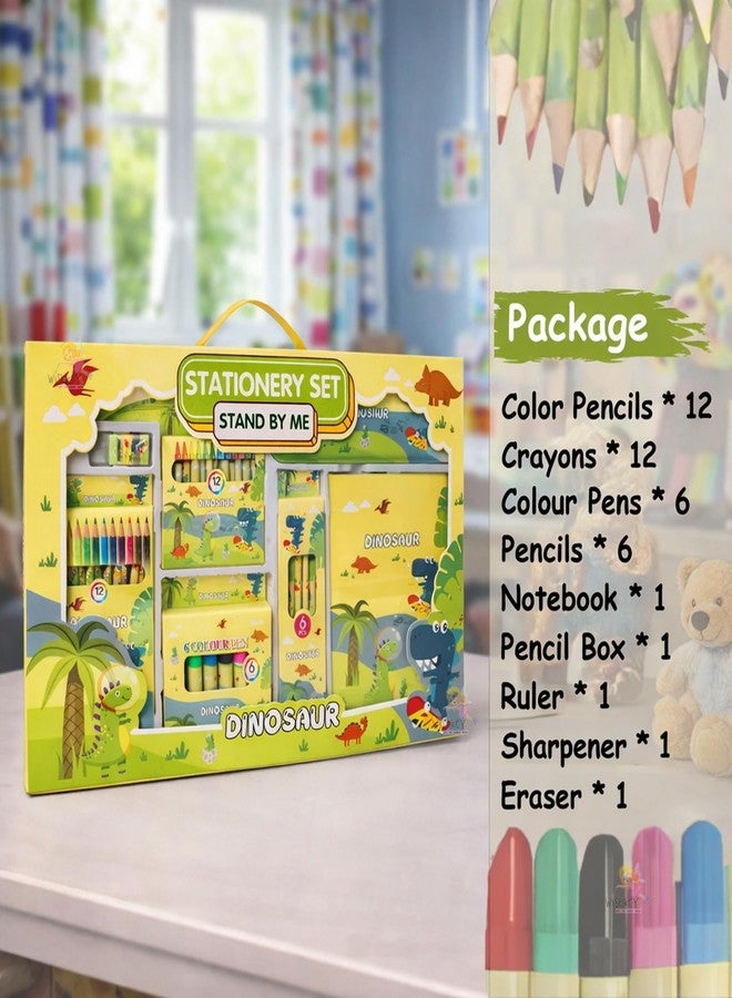 WISHKEY 41 Pieces Dinosaur Theme All-in-One Stationery Set Stationery Items with Pencil Box Notebook Scale Eraser Sharpener Crayons Color Pencils Color Pens Pencils Return Gift for Birthday Kids 6+ - Image 2