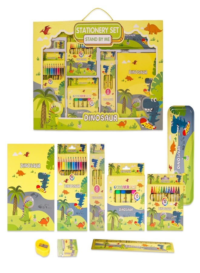 WISHKEY 41 Pieces Dinosaur Theme All-in-One Stationery Set Stationery Items with Pencil Box Notebook Scale Eraser Sharpener Crayons Color Pencils Color Pens Pencils Return Gift for Birthday Kids 6+ - Image 1