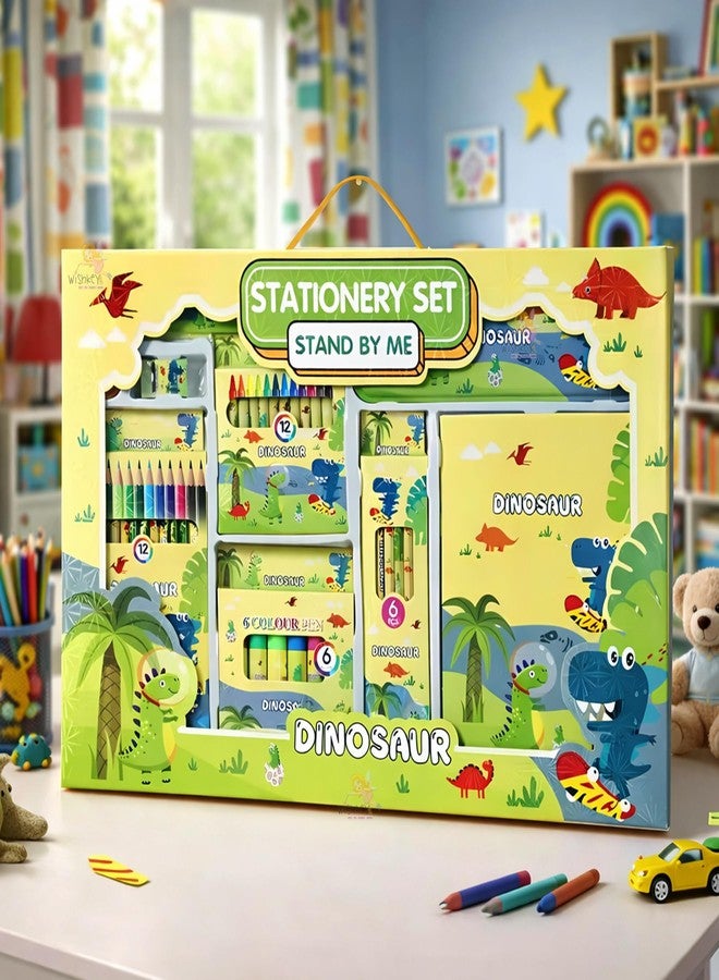 WISHKEY 41 Pieces Dinosaur Theme All-in-One Stationery Set Stationery Items with Pencil Box Notebook Scale Eraser Sharpener Crayons Color Pencils Color Pens Pencils Return Gift for Birthday Kids 6+ - Image 4