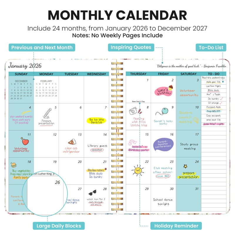 Taja Monthly Planner 2026-2027, Aesthetic 2 Year Months Planner Calendar, 24-Months from January 2026 - December 2027, 26-27 Monthly Calendar Planner, Perfect for School Office Home, 7" x 10" - Wildflowers - Image 2