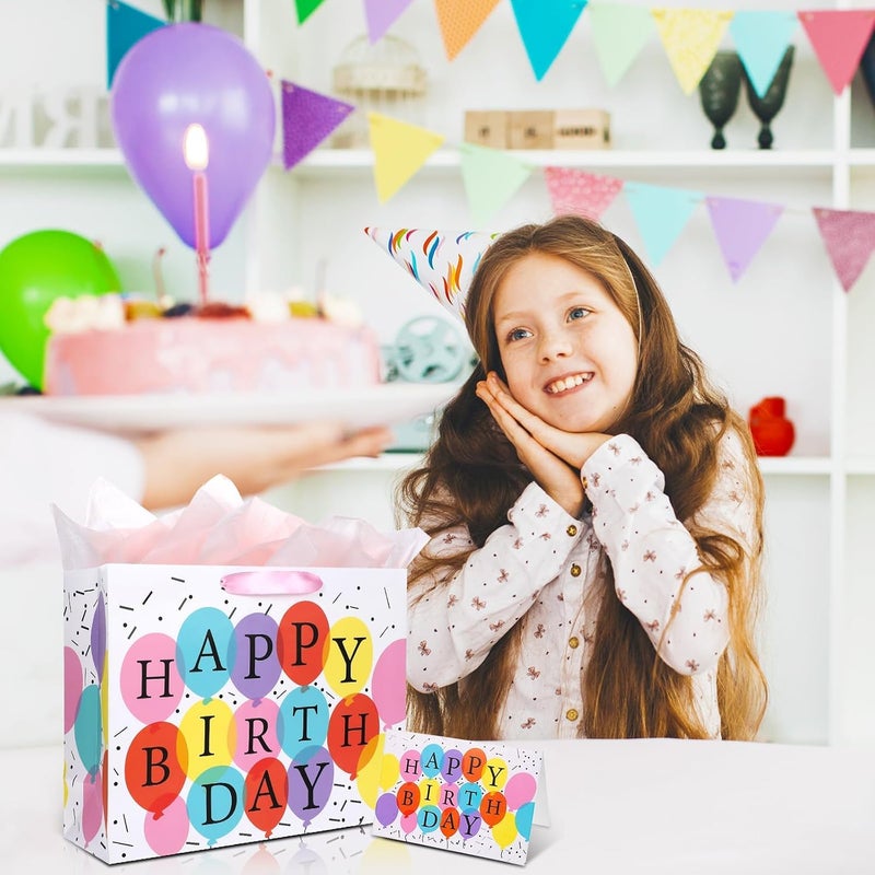 NALACAL طقم كيسين كبيرين لعيد ميلاد سعيد مقاس 13 بوصة، مع بطاقة وأوراق مناديل، تصميم زهور مع مقابض، مجموعة أكياس حفلات بالونات ملونة، هدايا وردية لحفلات استقبال المولود الجديد والتسوق للنساء والفتيات - Image 2
