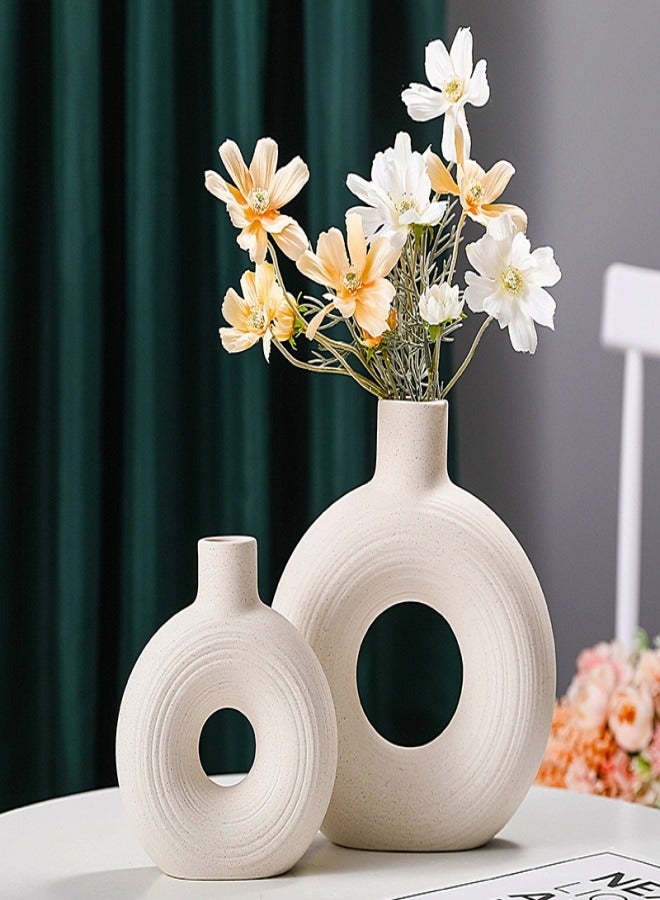 MIXDE 2-Piece Ceramic Donut Hollow Vase for Home Decor Modern Nordic Boho Minimalist Decorative Vase for Table Living Room  Dining  - Image 1