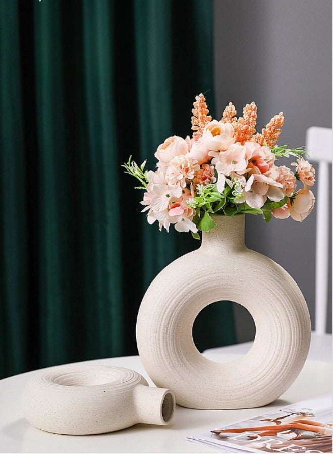 MIXDE 2-Piece Ceramic Donut Hollow Vase for Home Decor Modern Nordic Boho Minimalist Decorative Vase for Table Living Room  Dining  - Image 2