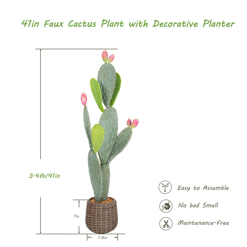 Nafresh UV-Resistant Tall Faux Cactus in Brown Woven Planter,41" Fake Plant with Realistic Pads & Vibrant Fruits,Artificial Cactus Indoor Outdoor for Home Office Living Room Bedroom Foyer Porch Decor - Image 5