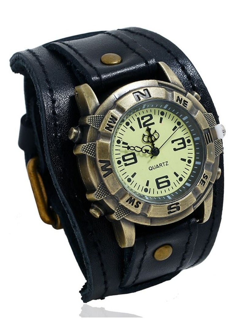 QUARTZ Wrist Band Watches for Men Black Retro Punk Leather 