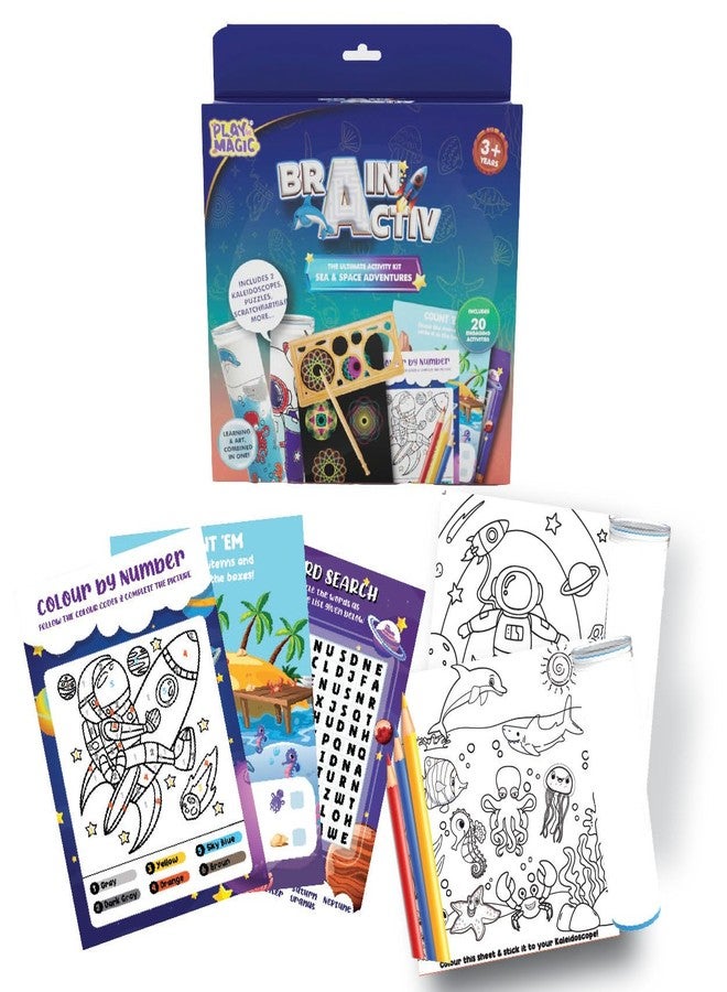 PlayMagic BrainActiv Kaleidoscope Making DIY Kit for Kids 3+| Magical Pattern Creation Kit |2 Kaleidoscopes, Scratch Sheets, 8 Activity Sheets |Educational Birthday Gift for Kids-Sea & Space Adventure - Image 1