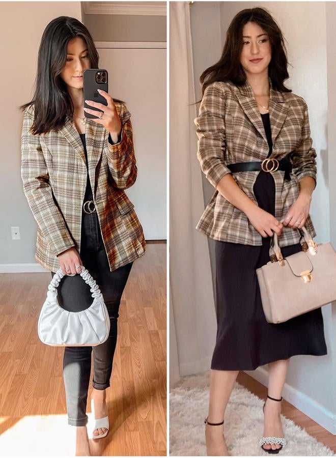 luvamia Women's Casual Long Sleeve Lapel Button Slim Work Office Blazer Jacket Interview Outfits for Women Plaid Brown Size Medium Size 8 Size 10 - Image 3