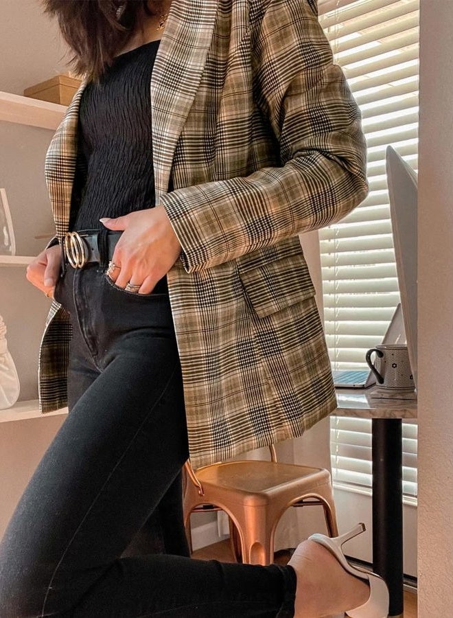 luvamia Women's Casual Long Sleeve Lapel Button Slim Work Office Blazer Jacket Interview Outfits for Women Plaid Brown Size Medium Size 8 Size 10 - Image 5