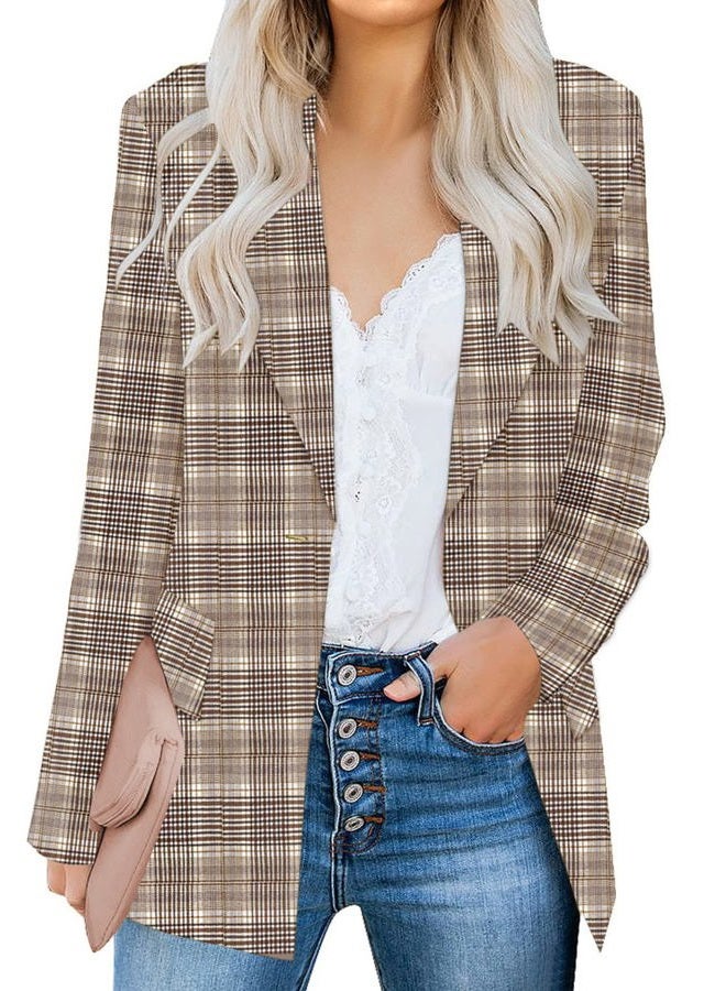 luvamia Women's Casual Long Sleeve Lapel Button Slim Work Office Blazer Jacket Interview Outfits for Women Plaid Brown Size Medium Size 8 Size 10 - Image 1
