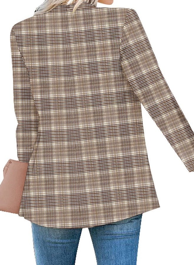 luvamia Women's Casual Long Sleeve Lapel Button Slim Work Office Blazer Jacket Interview Outfits for Women Plaid Brown Size Medium Size 8 Size 10 - Image 2