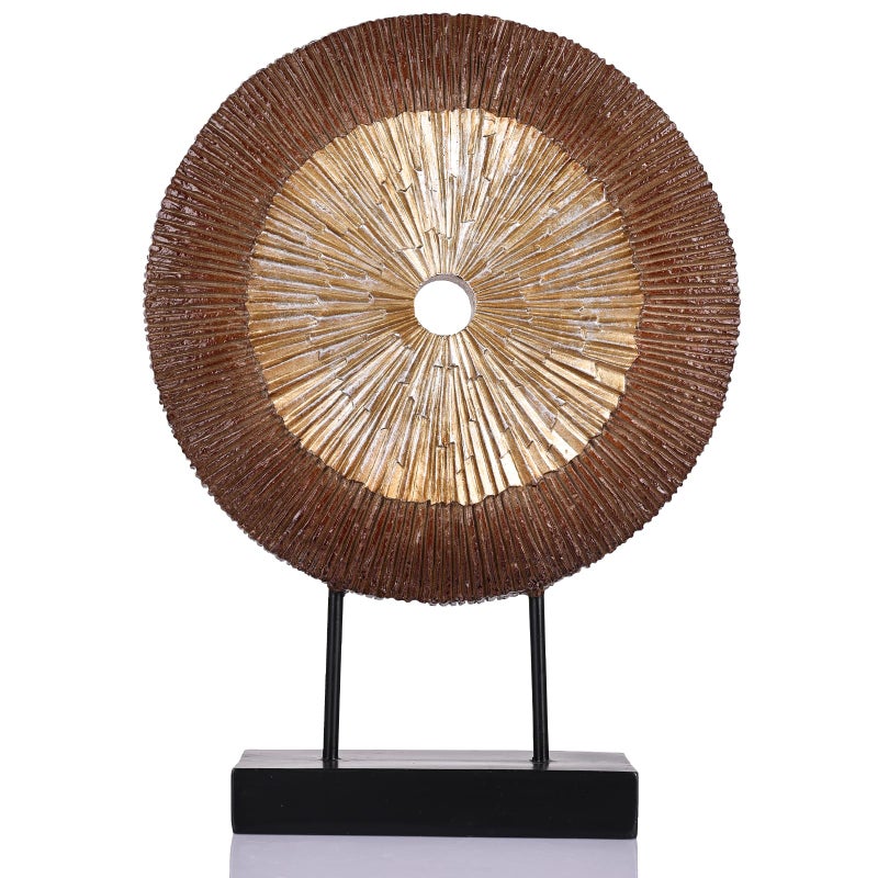 oliruim 12" Tall Abstract Brown Gold Round Sculpture - Unique Wood Color Home Decoration for Above Cupboard Decor, Living Room Coffee Table, Console, Office, Entrance, Table Centerpieces (Brown Gold) - Image 1