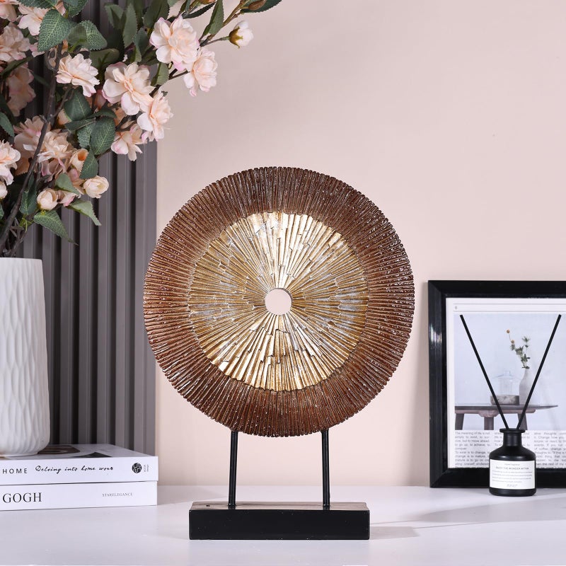 oliruim 12" Tall Abstract Brown Gold Round Sculpture - Unique Wood Color Home Decoration for Above Cupboard Decor, Living Room Coffee Table, Console, Office, Entrance, Table Centerpieces (Brown Gold) - Image 4